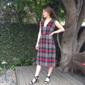 Vintage plaid pleated midi dress